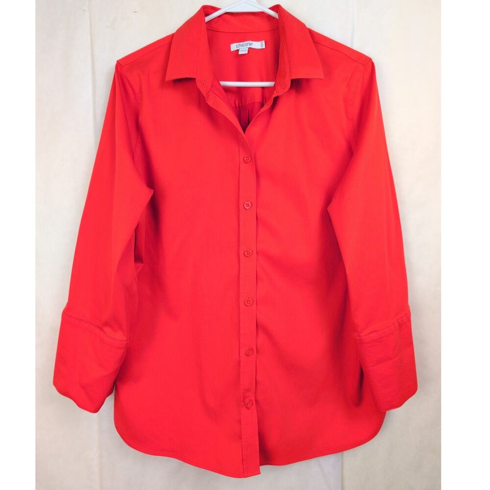 Chico's red cotton button up top Size 2/12 Classic Colorful Preppy Office Casual